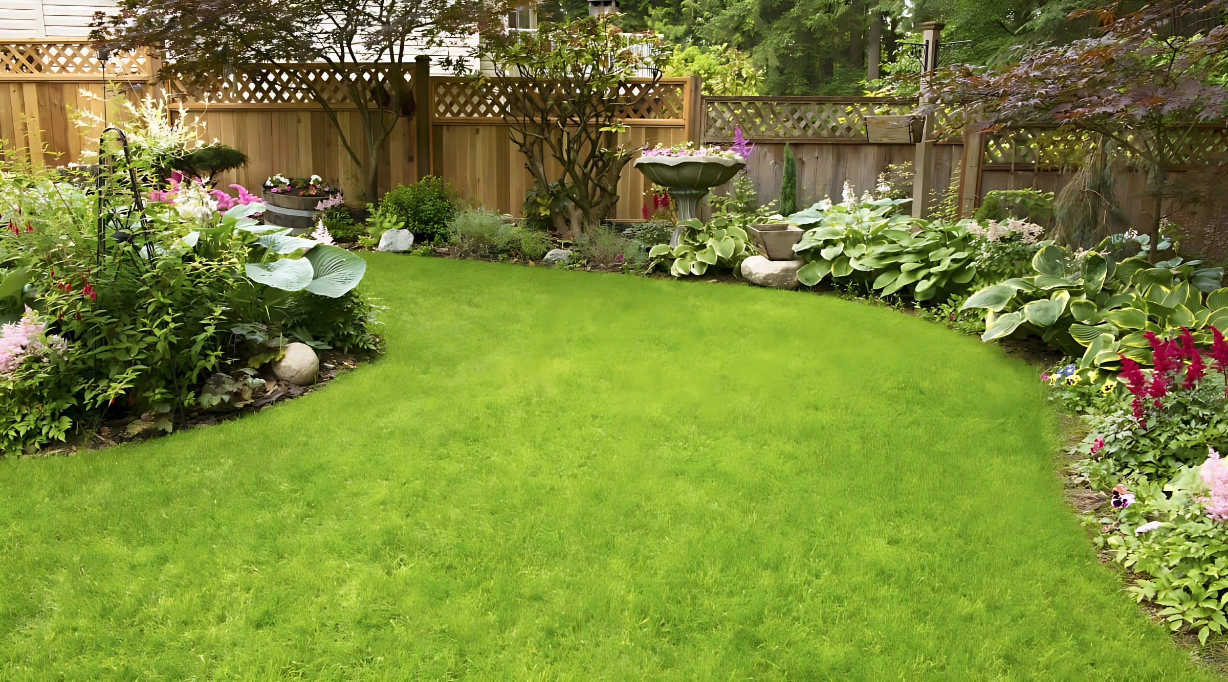 Césped verde vibrante en jardín con flores variadas y cercado de madera.