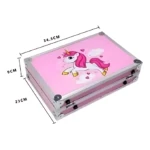 Maleta metálica rosa con unicornio, 34.5 x 23 x 9 cm, para transporte de herramientas de arte.