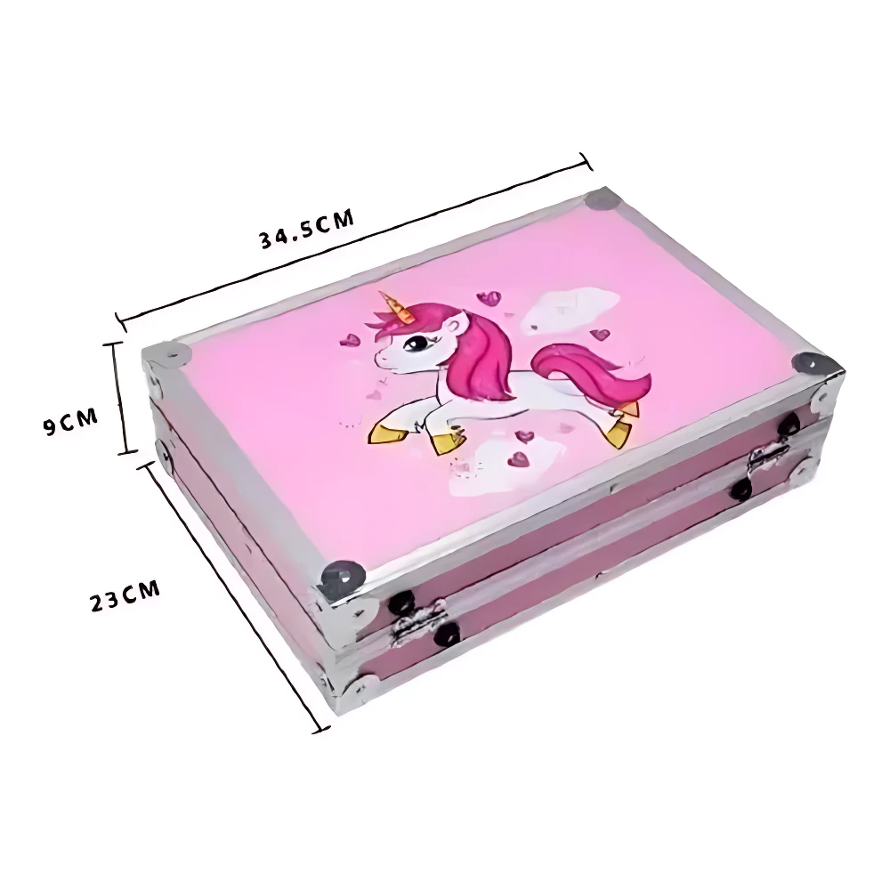 Maleta metálica rosa con unicornio, 34.5 x 23 x 9 cm, para transporte de herramientas de arte.