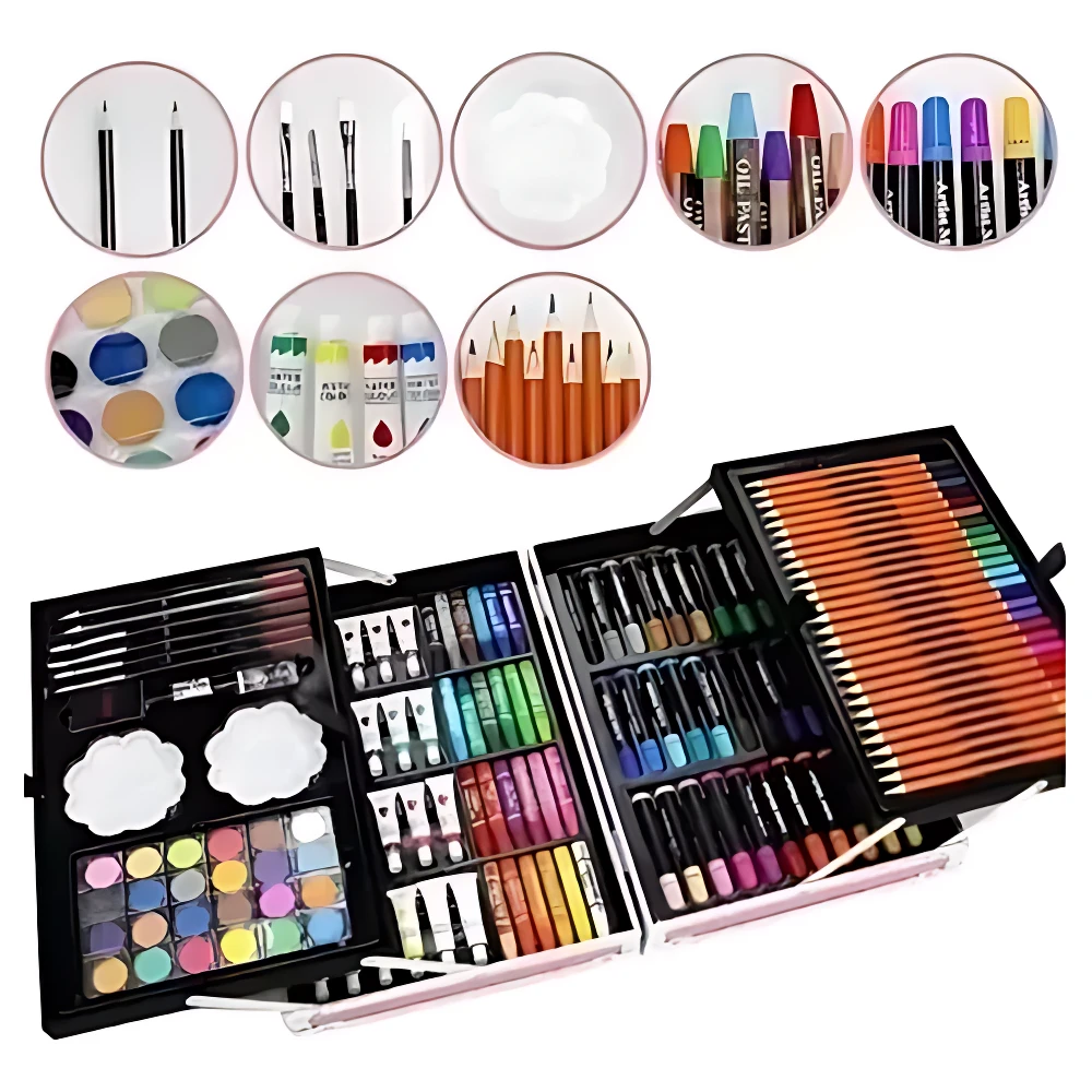 Maleta metálica con 145 herramientas de arte: lápices de colores, acuarelas, pinceles, marcadores y más, organizados en compartimentos.