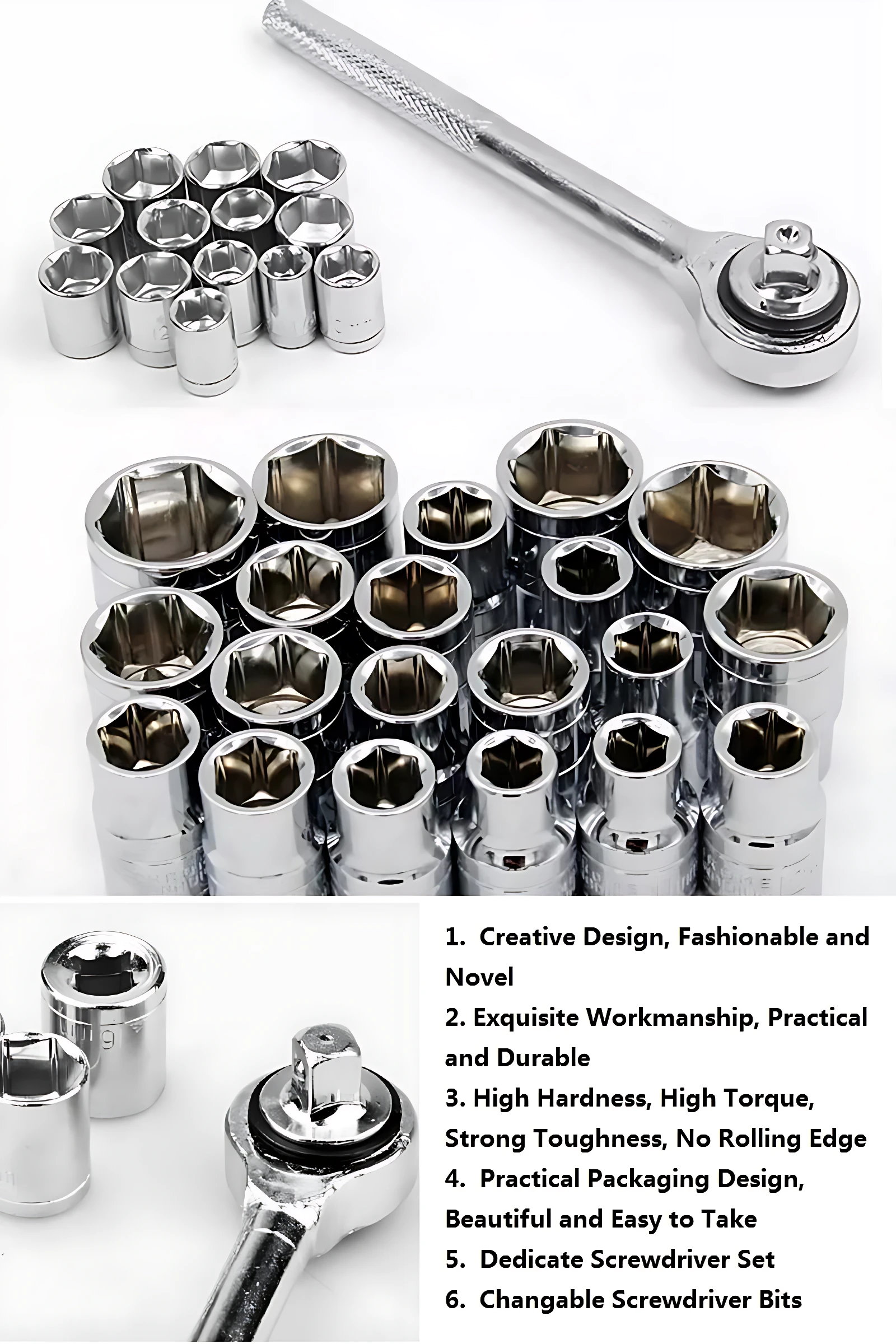 Set de copas mecánicas cromadas con llave de torsión, dispuestas en grupo y detalle de uso, ideales para mantenimiento automotriz.