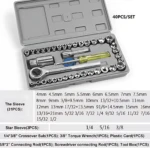 Set de 40 piezas de copas mecánicas en caja gris con llave de torsión, destornillador y varillas de conexión. Incluye medidas de 4 a 21 mm y variantes de 3/8, 1/4 y 5/16 pulgadas.