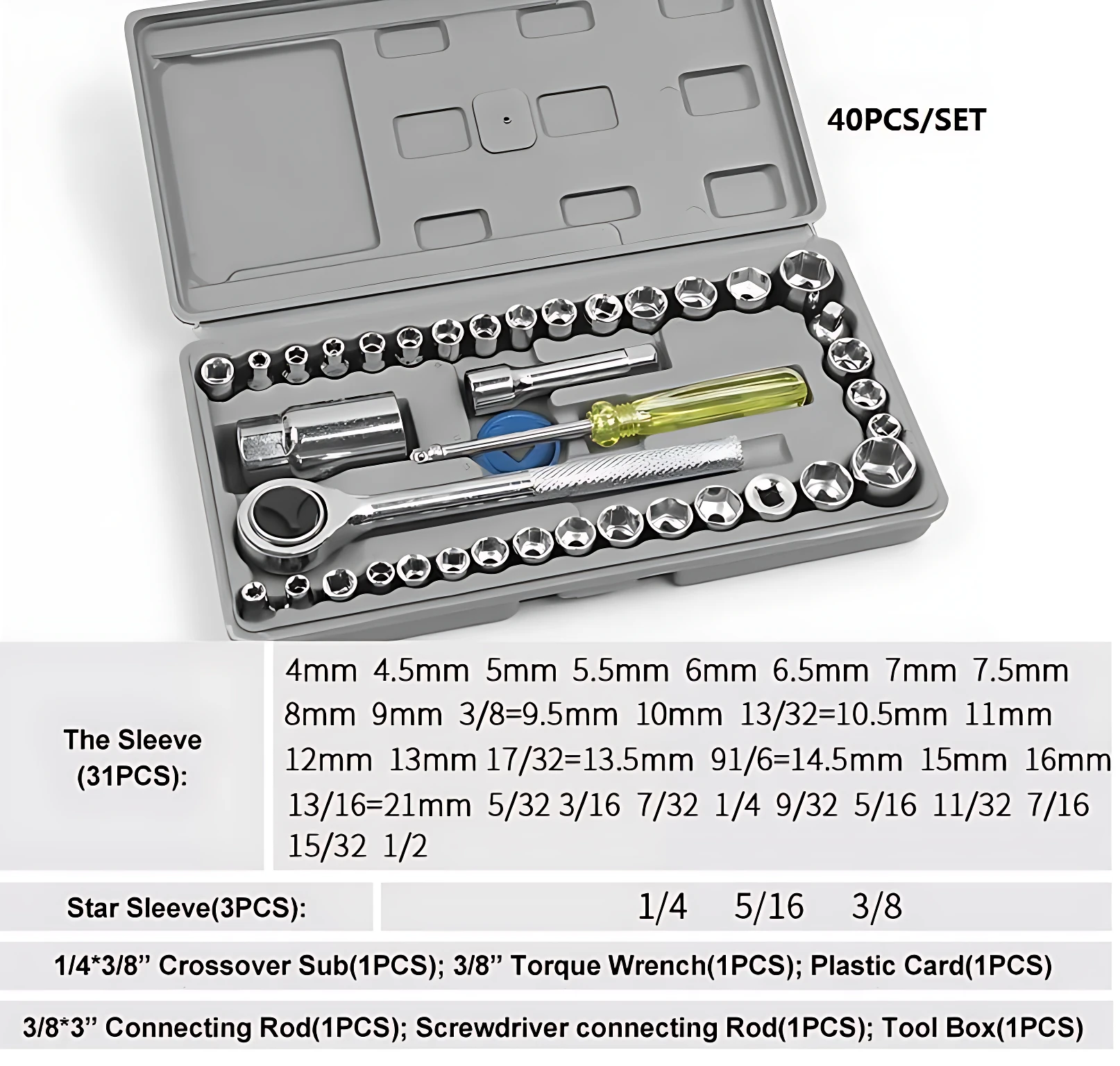 Set de 40 piezas de copas mecánicas en caja gris con llave de torsión, destornillador y varillas de conexión. Incluye medidas de 4 a 21 mm y variantes de 3/8, 1/4 y 5/16 pulgadas.