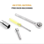 Set de copas mecánicas para carro con llave de impacto, destornillador amarillo y dos accesorios metálicos, fabricado en acero 45#.