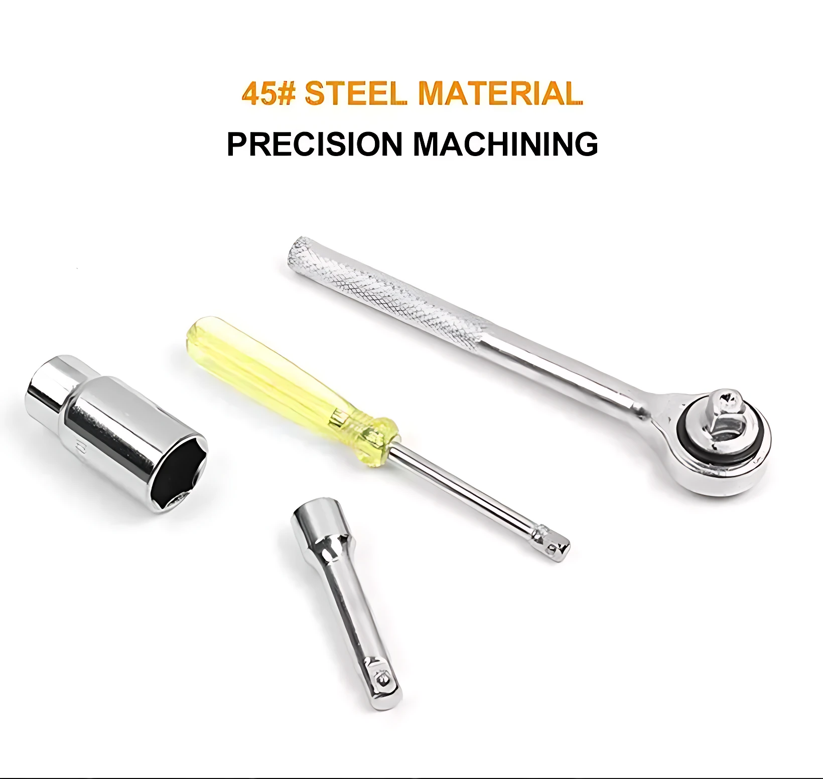 Set de copas mecánicas para carro con llave de impacto, destornillador amarillo y dos accesorios metálicos, fabricado en acero 45#.