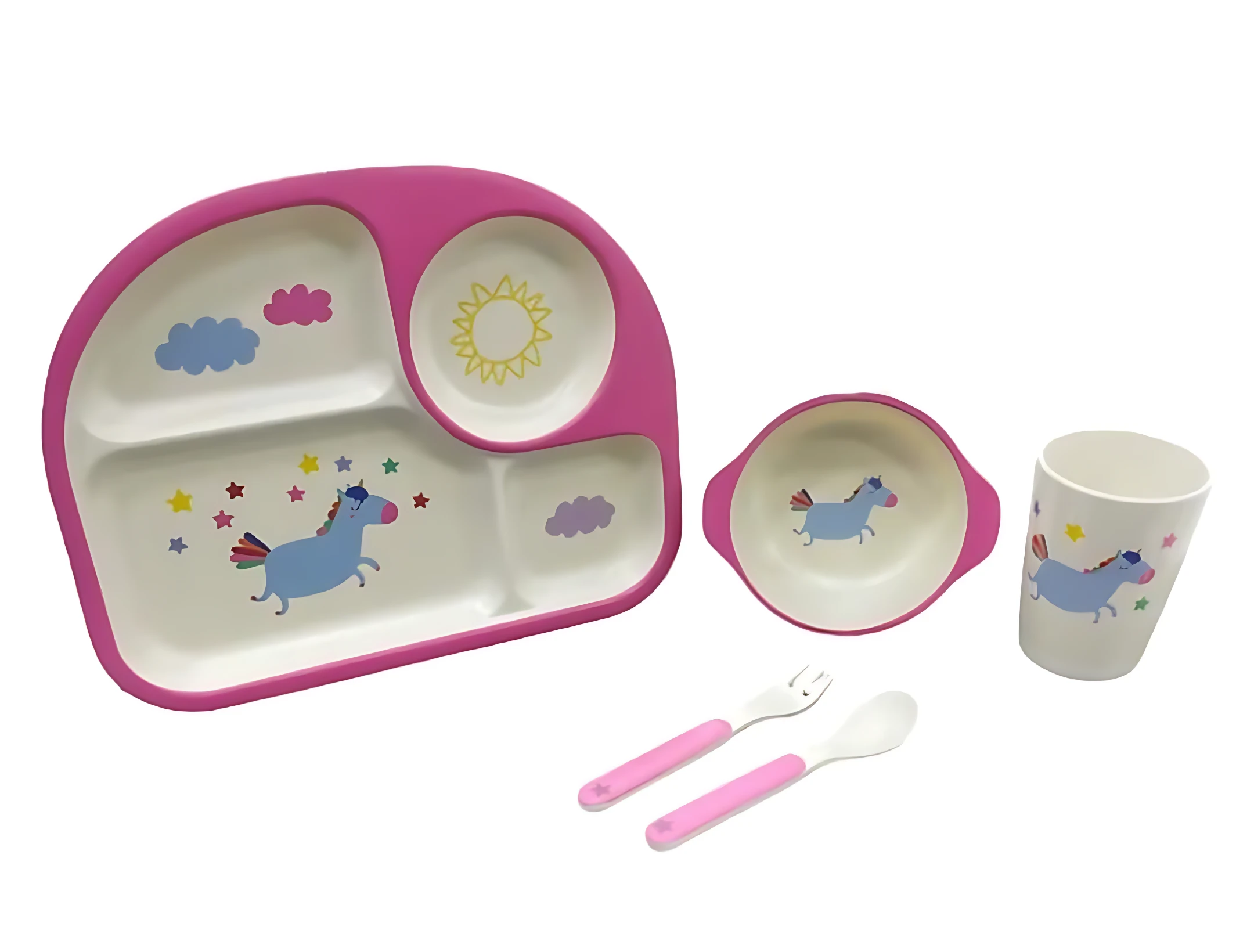 Set de vajilla infantil de bambú en rosa con diseño de unicornio, incluye plato dividido, taza, cuchara y tenedor.