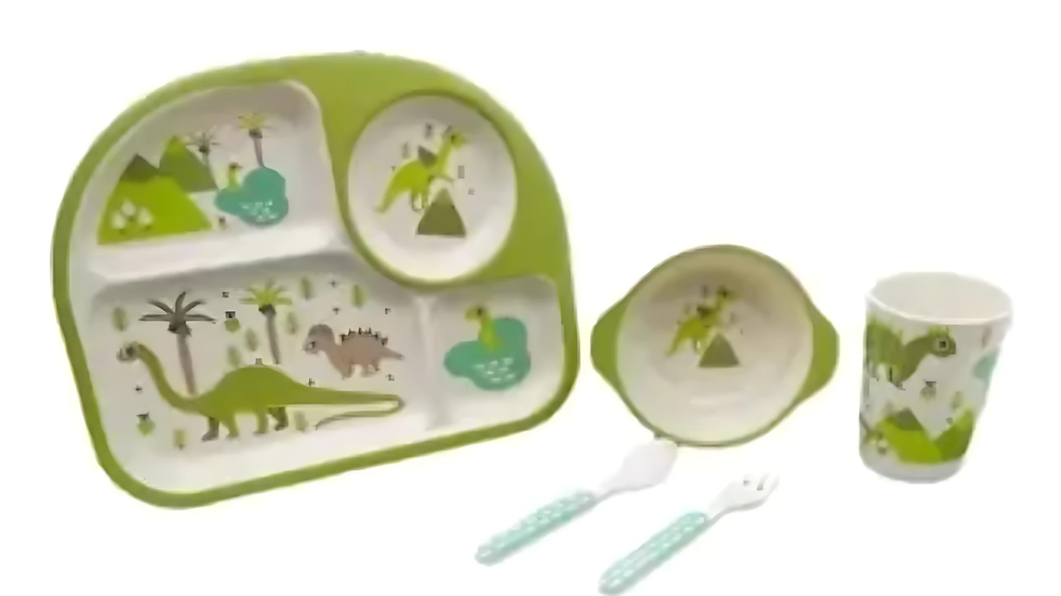Set de vajilla infantil de bambú con diseño de dinosaurios, incluye plato dividido, taza, cuchara y tenedor.