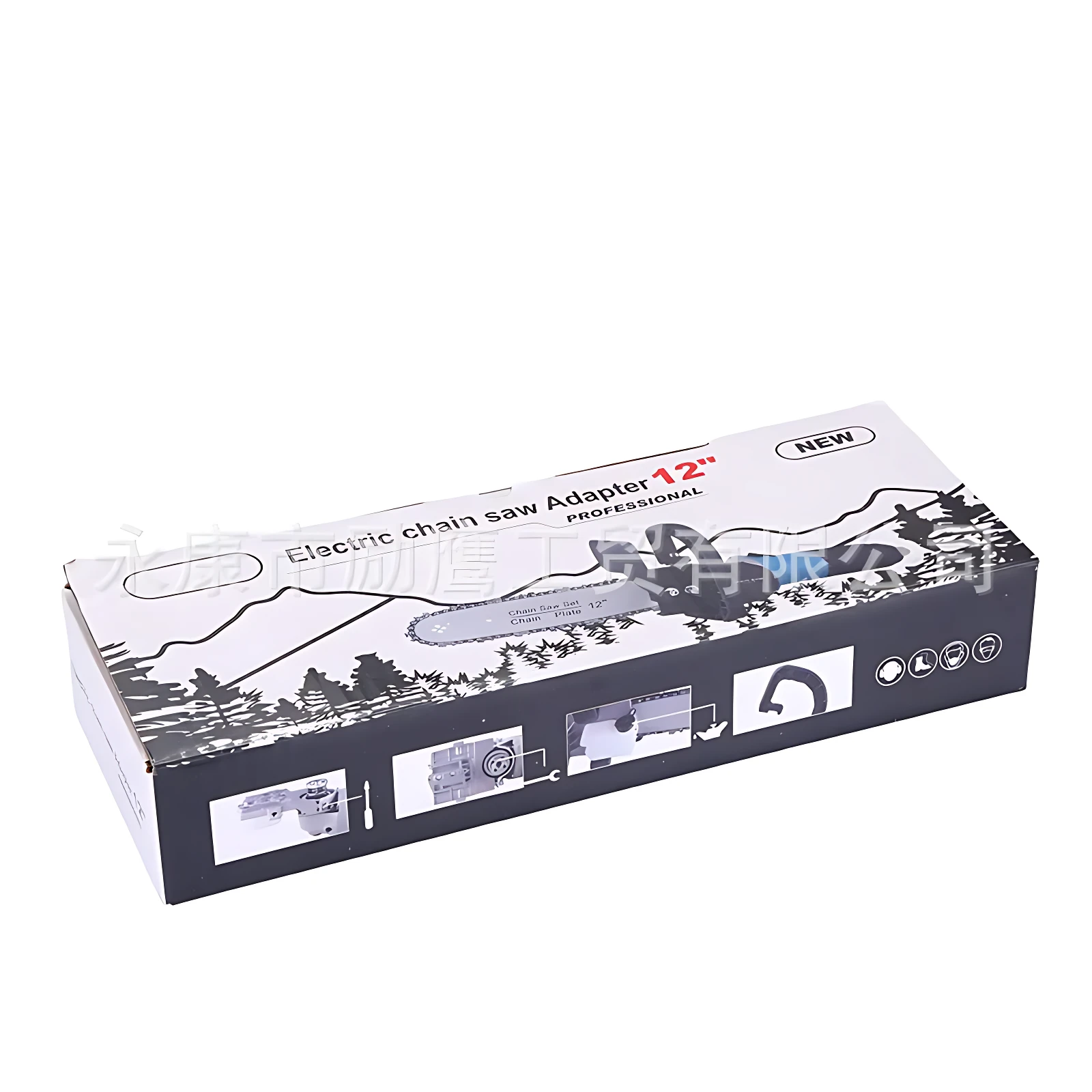 Caja de cartón con de sierra de cadena montada en pulidora angular, adaptador para sierras de 12 pulgadas, diseño profesional con gráficos de uso en exteriores.