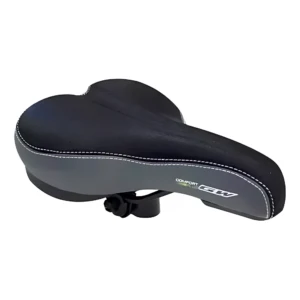 Sillín de bicicleta GW Reso negro y gris, diseño antiprostatico con costuras blancas, ideal para confort en recorridos largos.