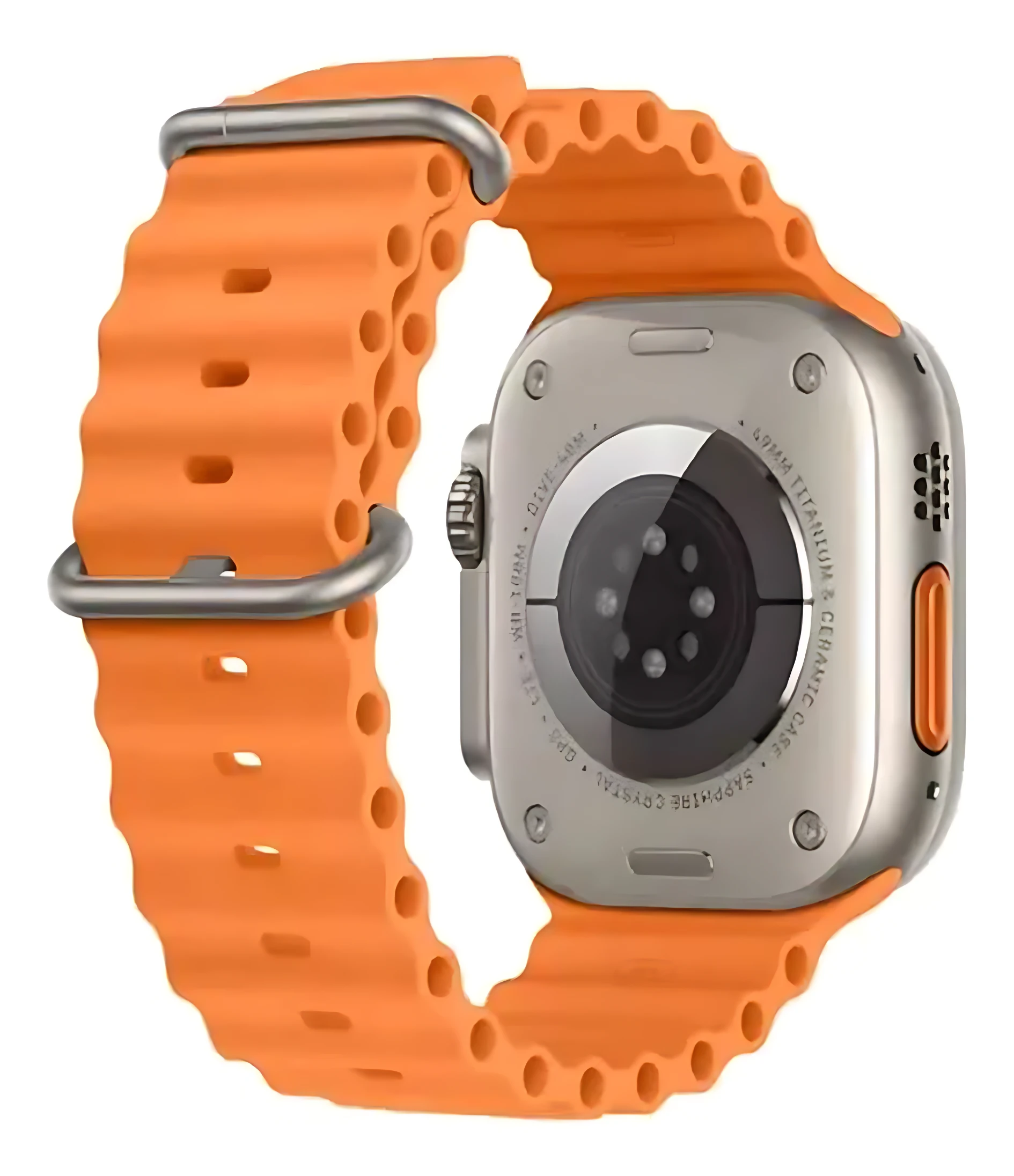 Smartwatch T800 Ultra plateado con pulso naranja de silicona texturizada, vista posterior.