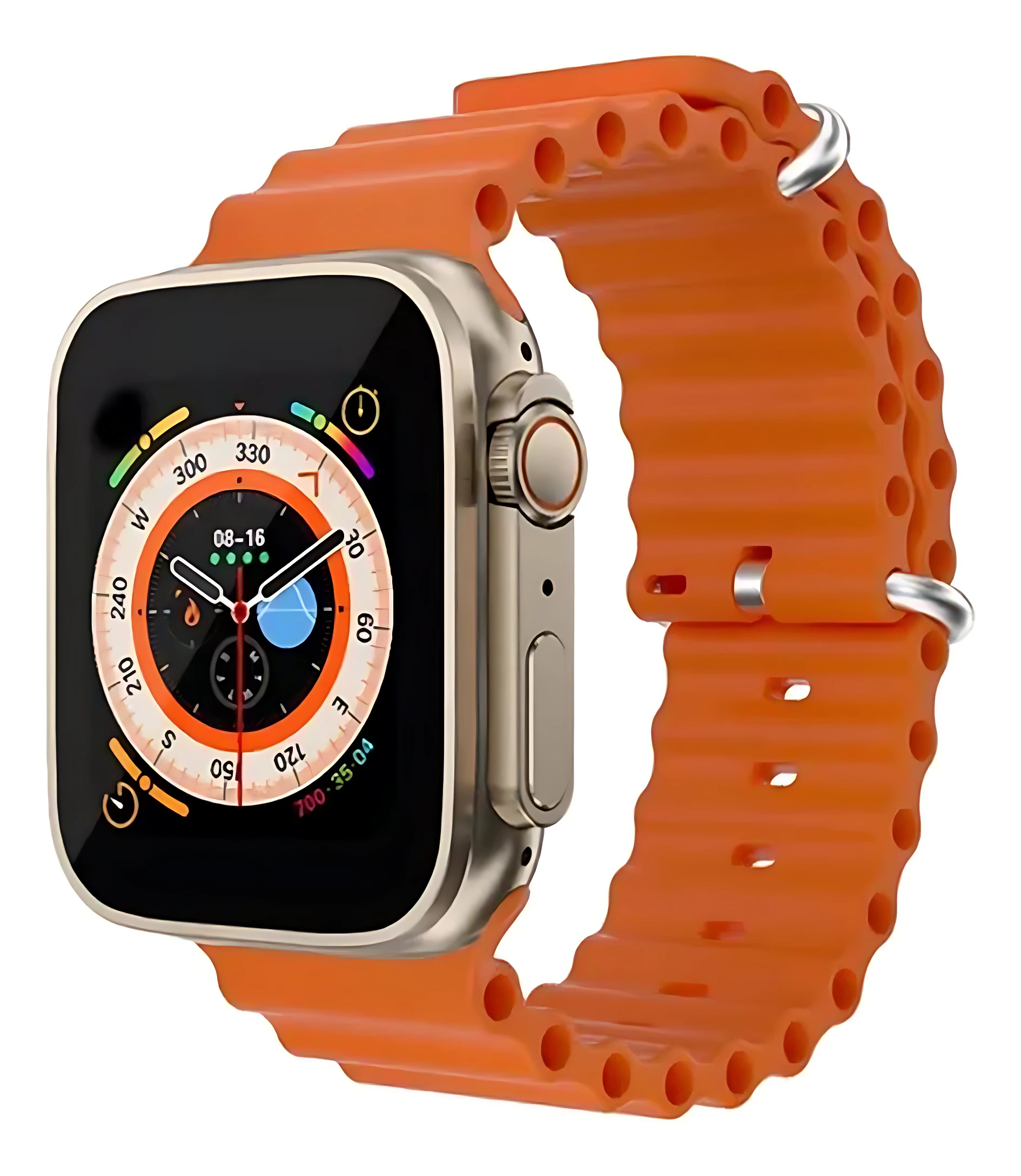 Smartwatch T800 Ultra plateado con pulso naranja ondulado, pantalla con brújula y hora 08:16.