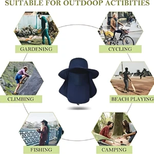 Sombrero azul marino con ala ancha y protección facial para actividades al aire libre como jardinería, ciclismo, escalada, playa, pesca y camping.