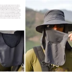 Sombrero de verano gris con protección UV, visor amplio y cuello protector ajustable, ideal para exteriores.