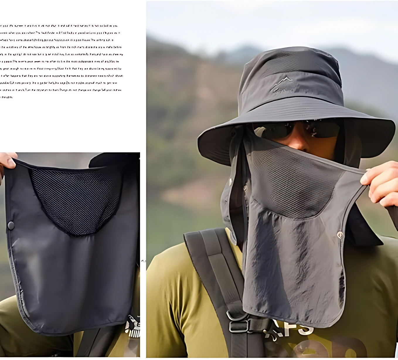 Sombrero de verano gris con protección UV, visor amplio y cuello protector ajustable, ideal para exteriores.