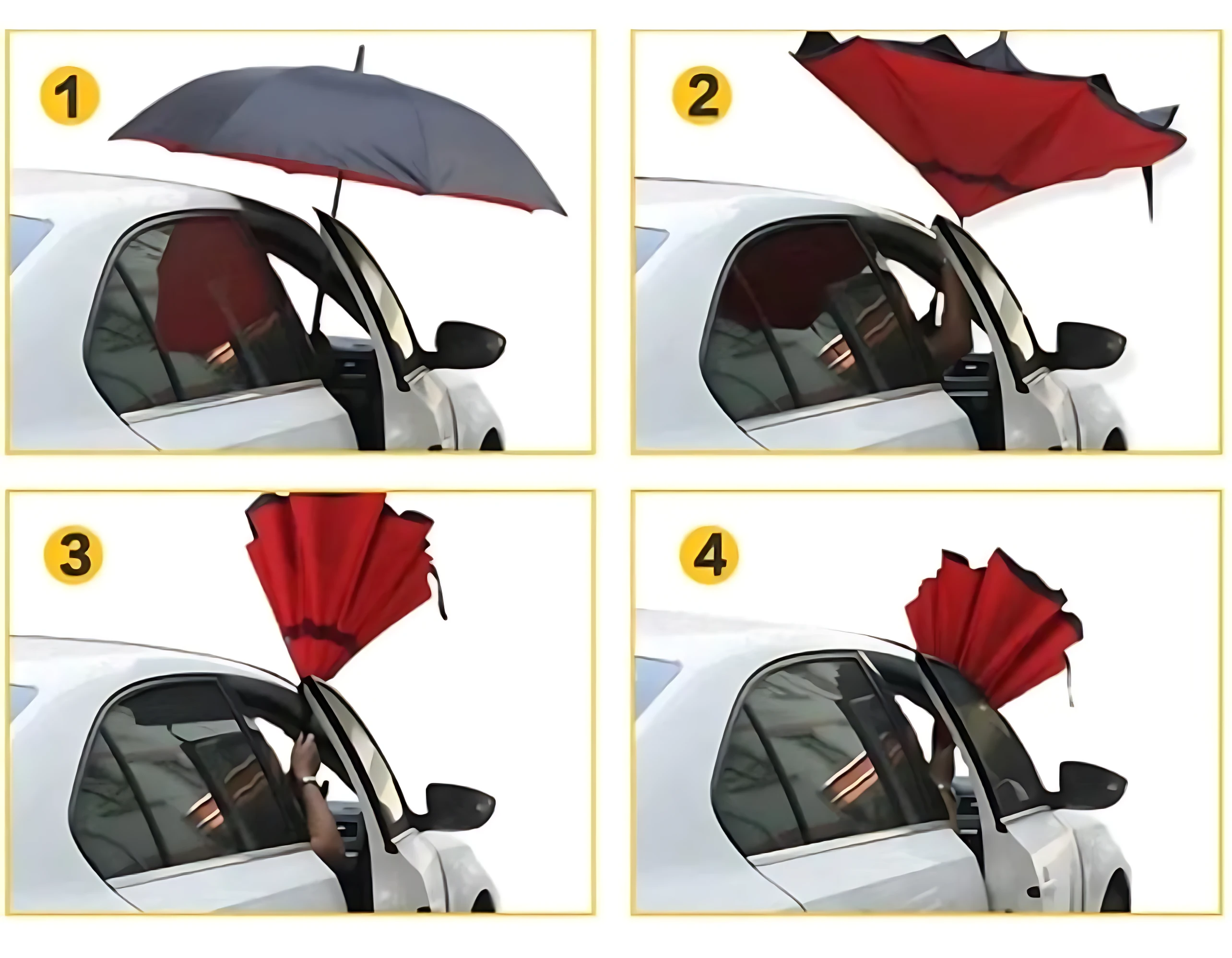 Sombrilla reversible Mango C. Cuatro pasos mostrando cómo abrir la sombrilla de lado gris y rojo, cerrarla y engancharla en la bisagra de la puerta de un auto blanco.
