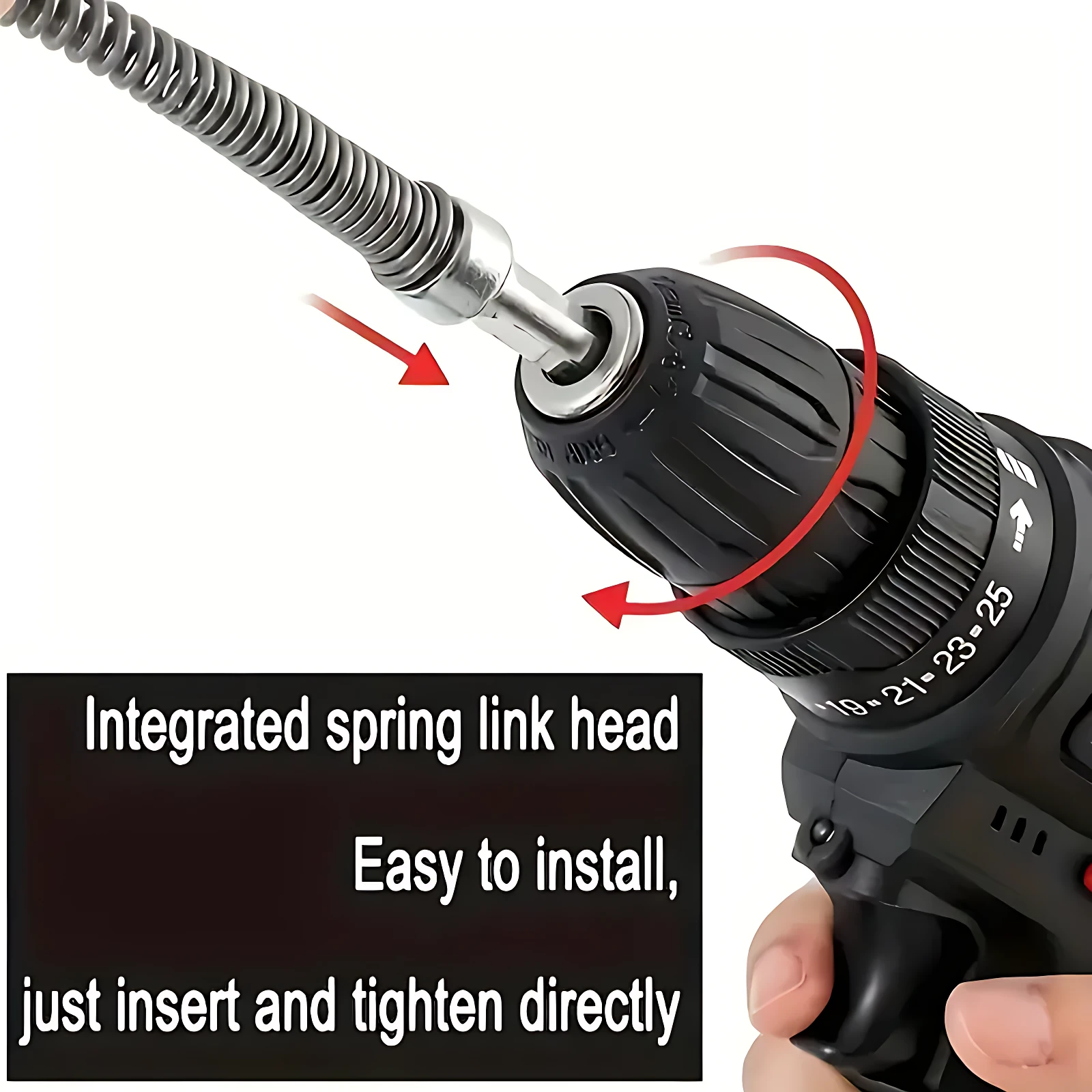 Cabezal de sonda flexible integrado en taladro eléctrico, con mecanismo de inserción directa y ajuste manual.