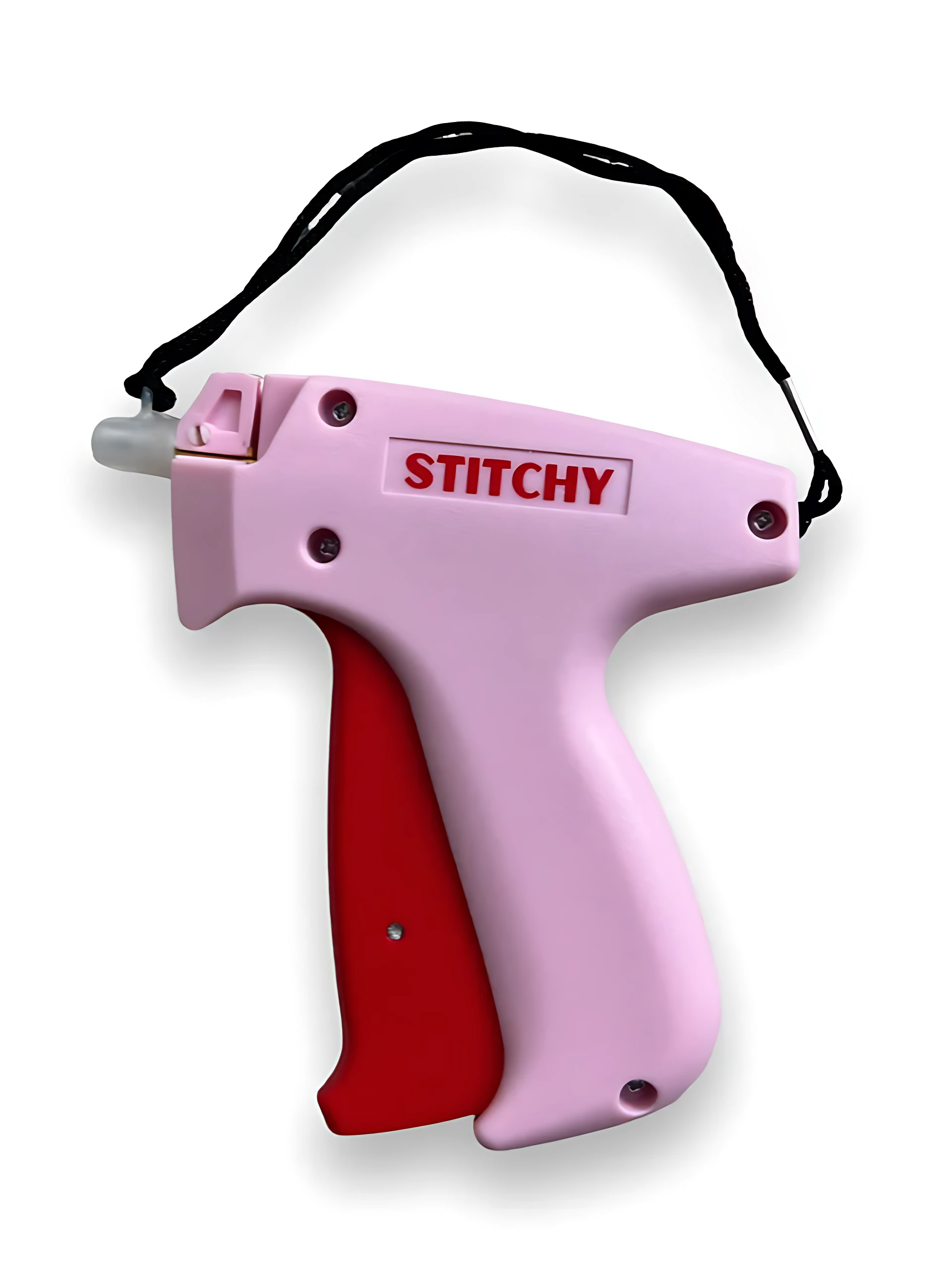 Pistola de puntadas Stitchy en color rosa con mango rojo, diseño ergonómico y asa negra para transporte.