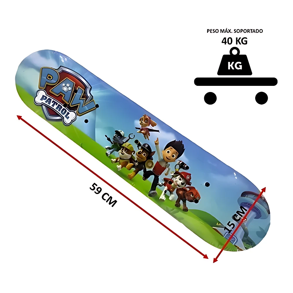 Tabla de patineta infantil Paw Patrol con diseño de personajes, medidas 59 cm de largo y 15 cm de ancho, soporta hasta 40 kg.
