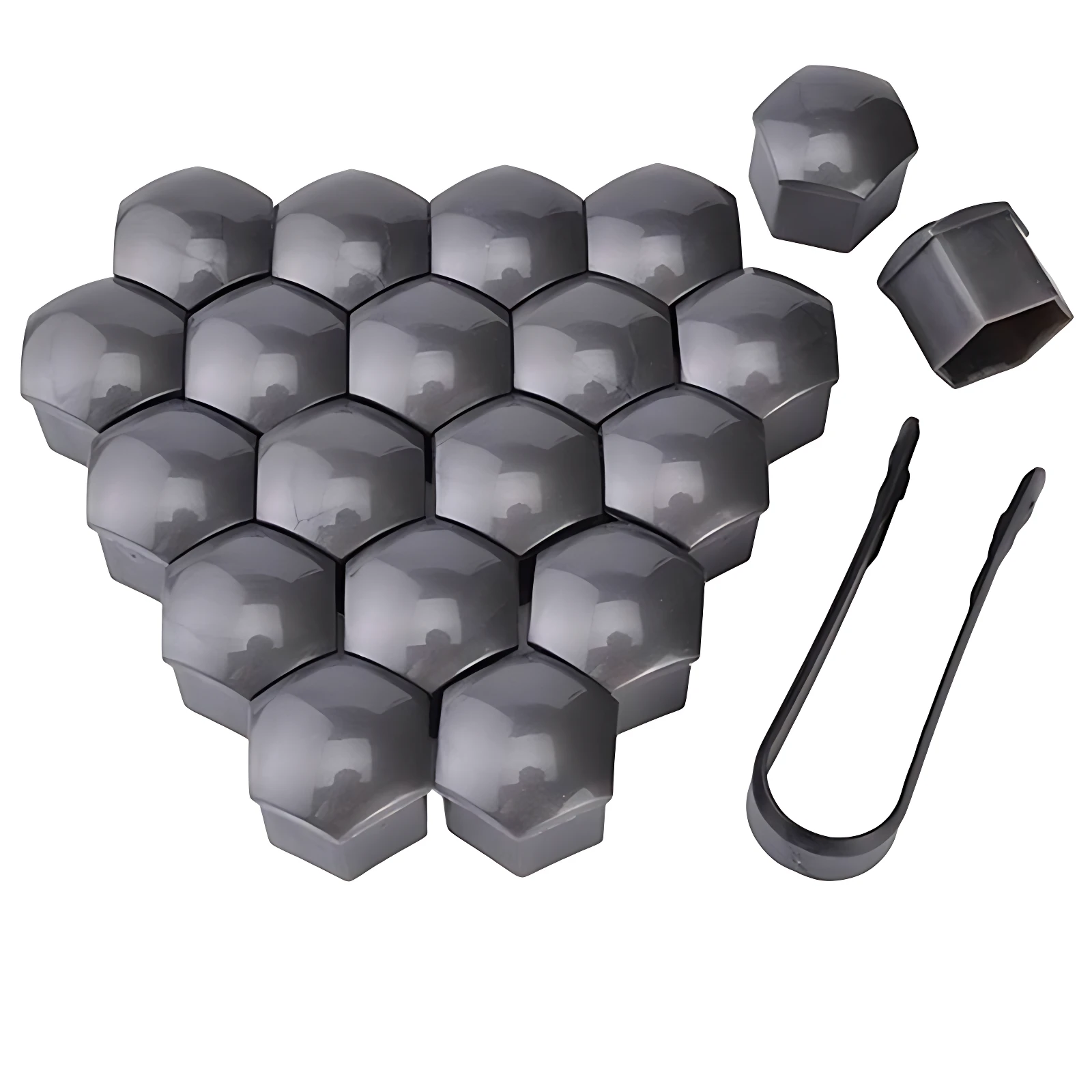 Set de tapas hexagonales grises para pernos de rueda, con pinzas de instalación y tapa individual extra.