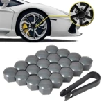 Set de tapas embellecedoras para pernos de rueda en color gris oscuro, con herramienta de instalación incluida. Muestra aplicación en llanta deportiva blanca con detalle ampliado del diseño de cinco puntas.