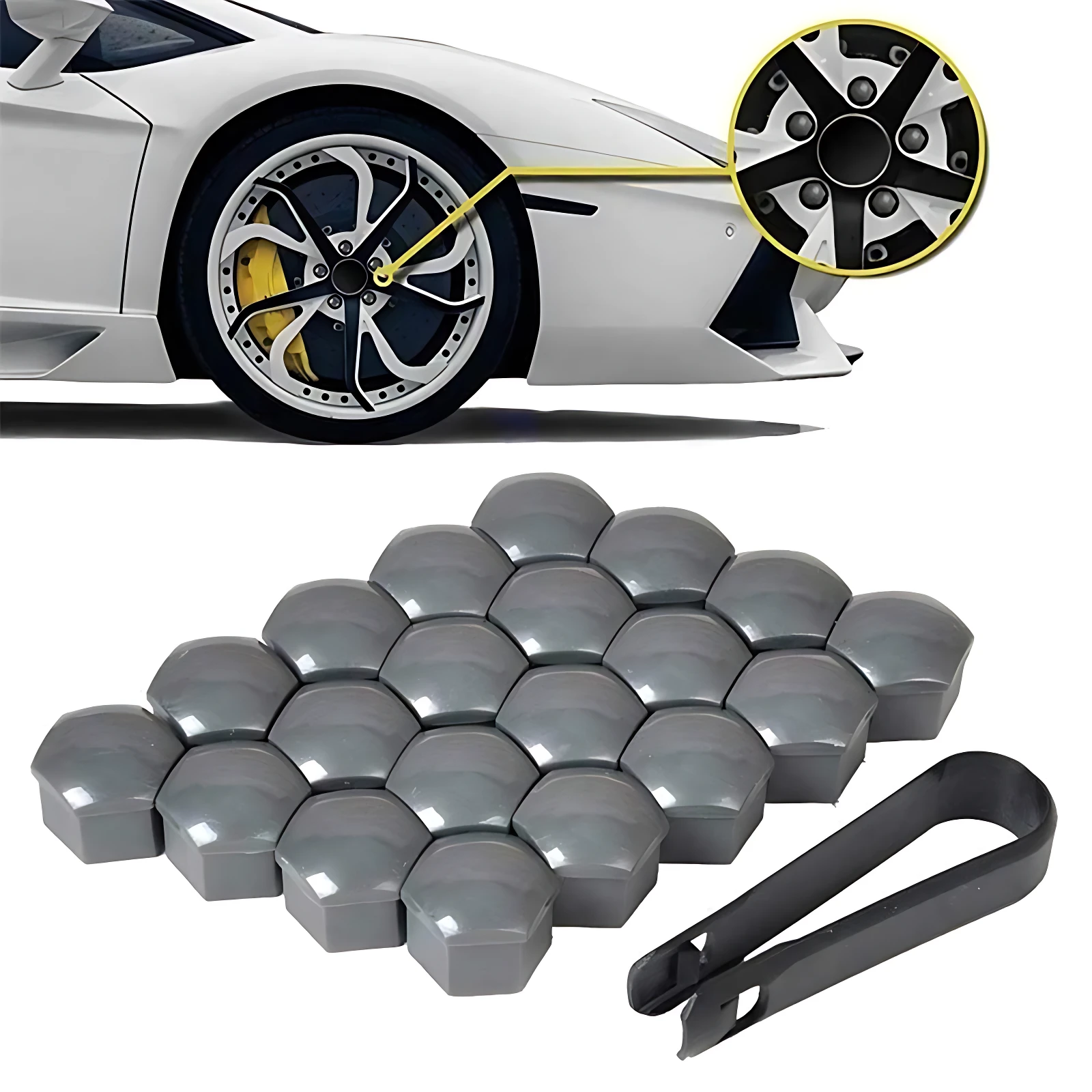 Set de tapas embellecedoras para pernos de rueda en color gris oscuro, con herramienta de instalación incluida. Muestra aplicación en llanta deportiva blanca con detalle ampliado del diseño de cinco puntas.