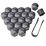 Set de tapas hexagonales grises para pernos de rueda, con pinzas de instalación y tapa individual extra.