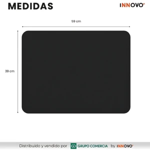 Tapete de cocina negro con medidas de 59 cm de ancho por 39 cm de alto, diseñado para secado rápido y uso higiénico en superficies.