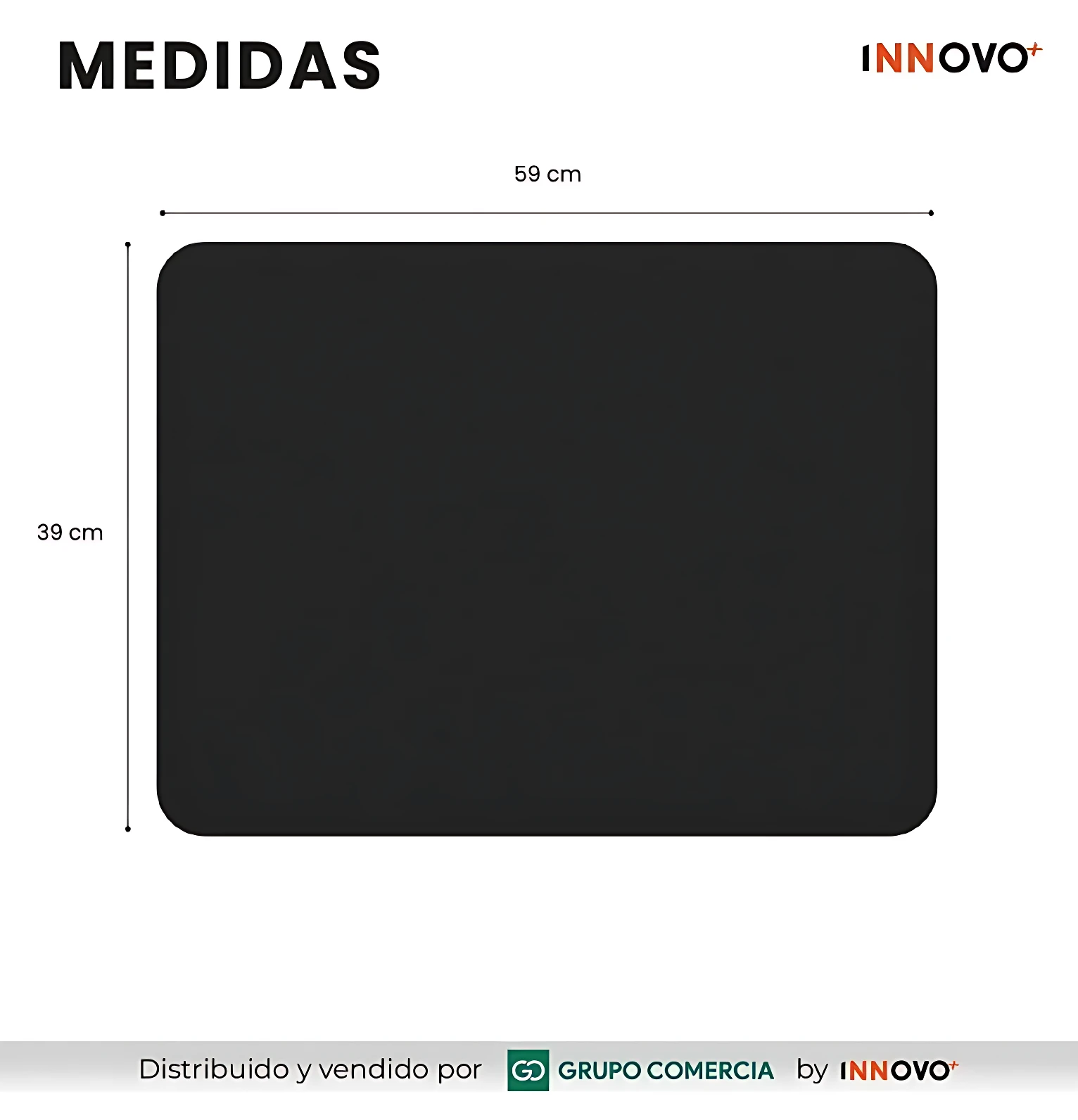 Tapete de cocina negro con medidas de 59 cm de ancho por 39 cm de alto, diseñado para secado rápido y uso higiénico en superficies.