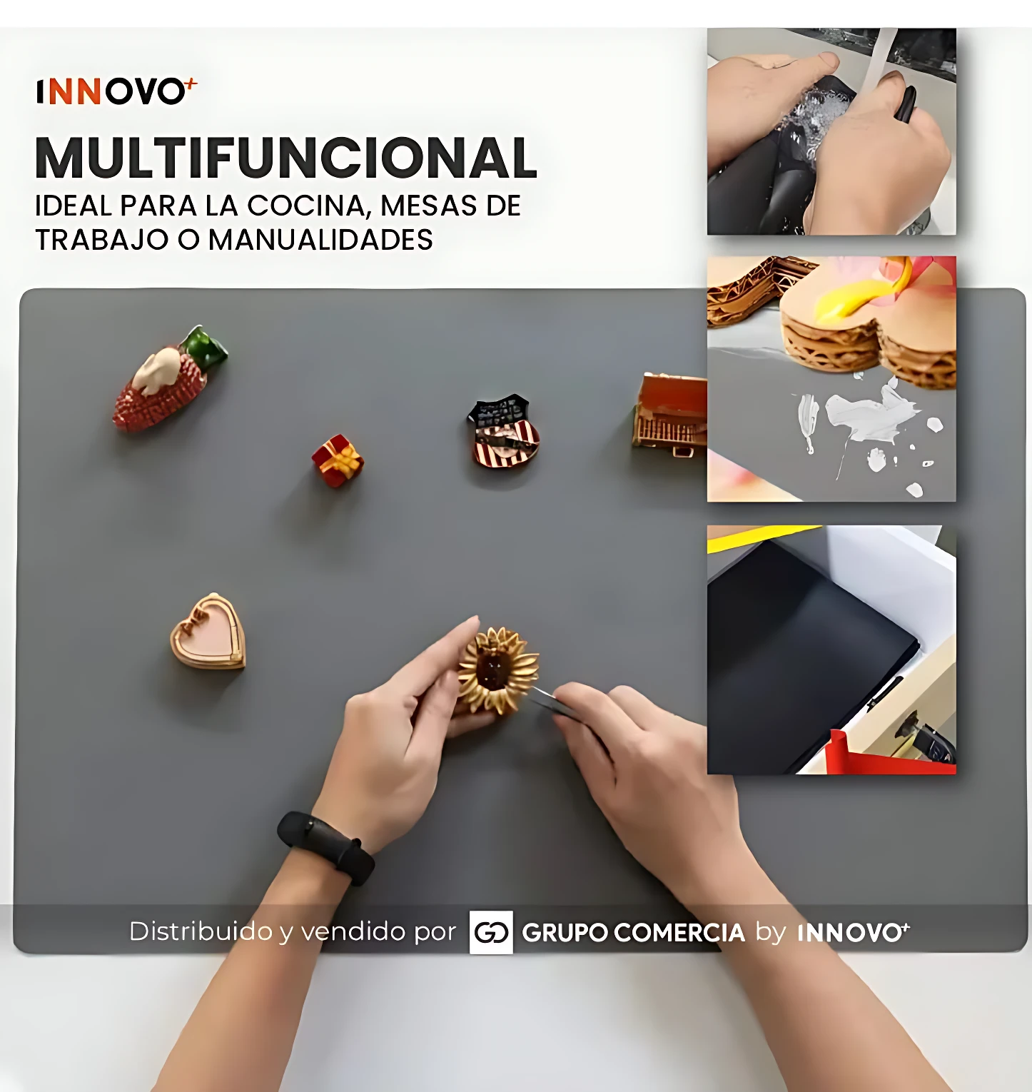Tapete de cocina gris multifuncional con accesorios decorativos y manos trabajando sobre su superficie, mostrando uso en cocina y manualidades.