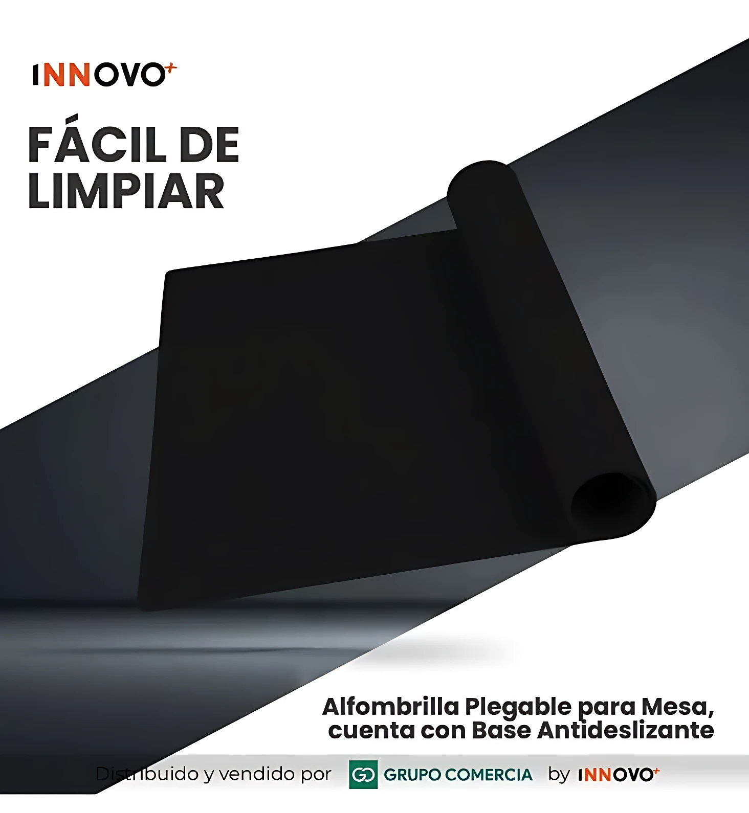 Tapete negro plegable para mesa con base antideslizante, enrollado parcialmente sobre superficie blanca.