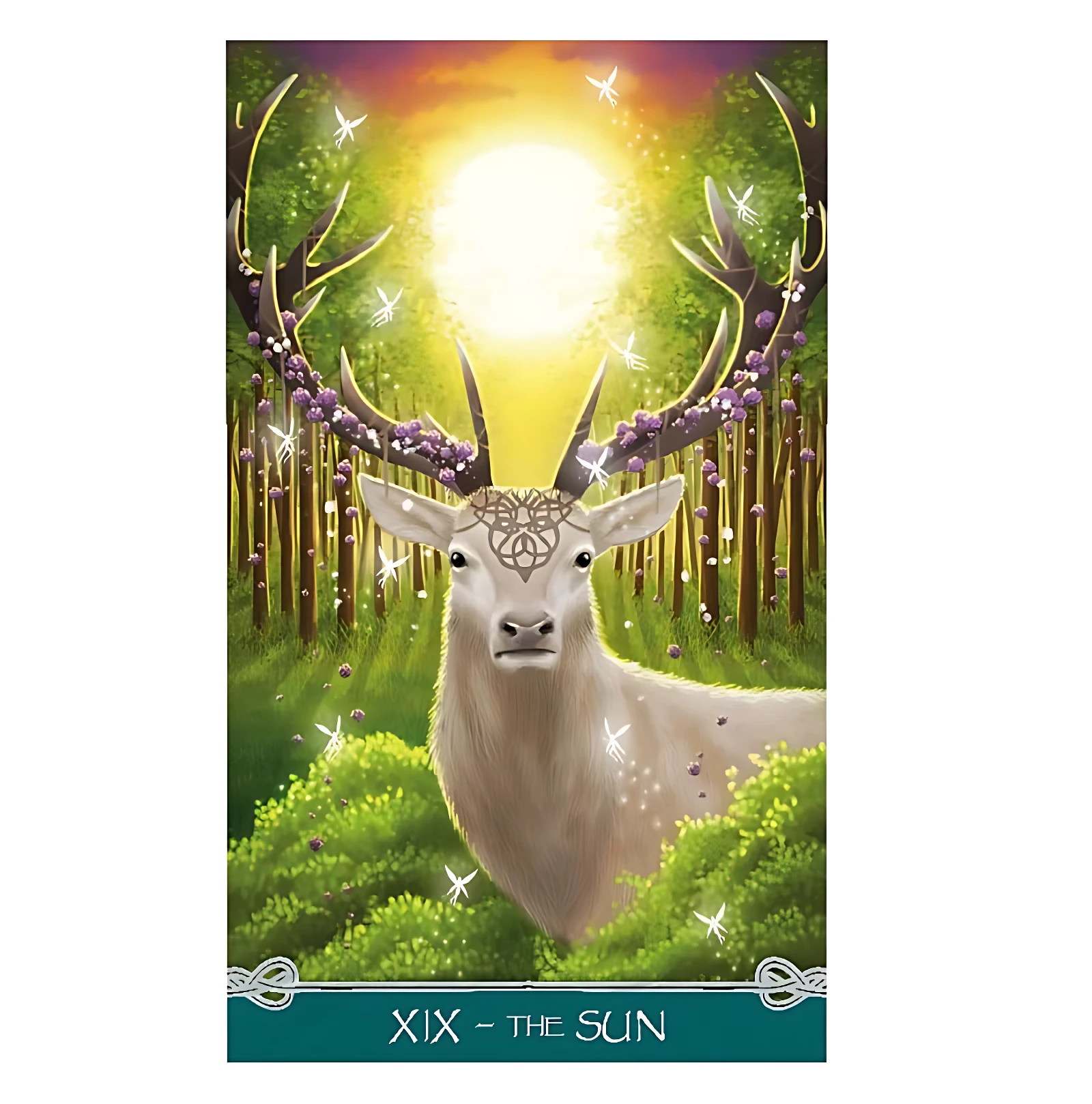 Tarot Universal Celtic carta XIX El Sol, surrealista de ciervo blanco con cuernos adornados, luz dorada y bosque místico.