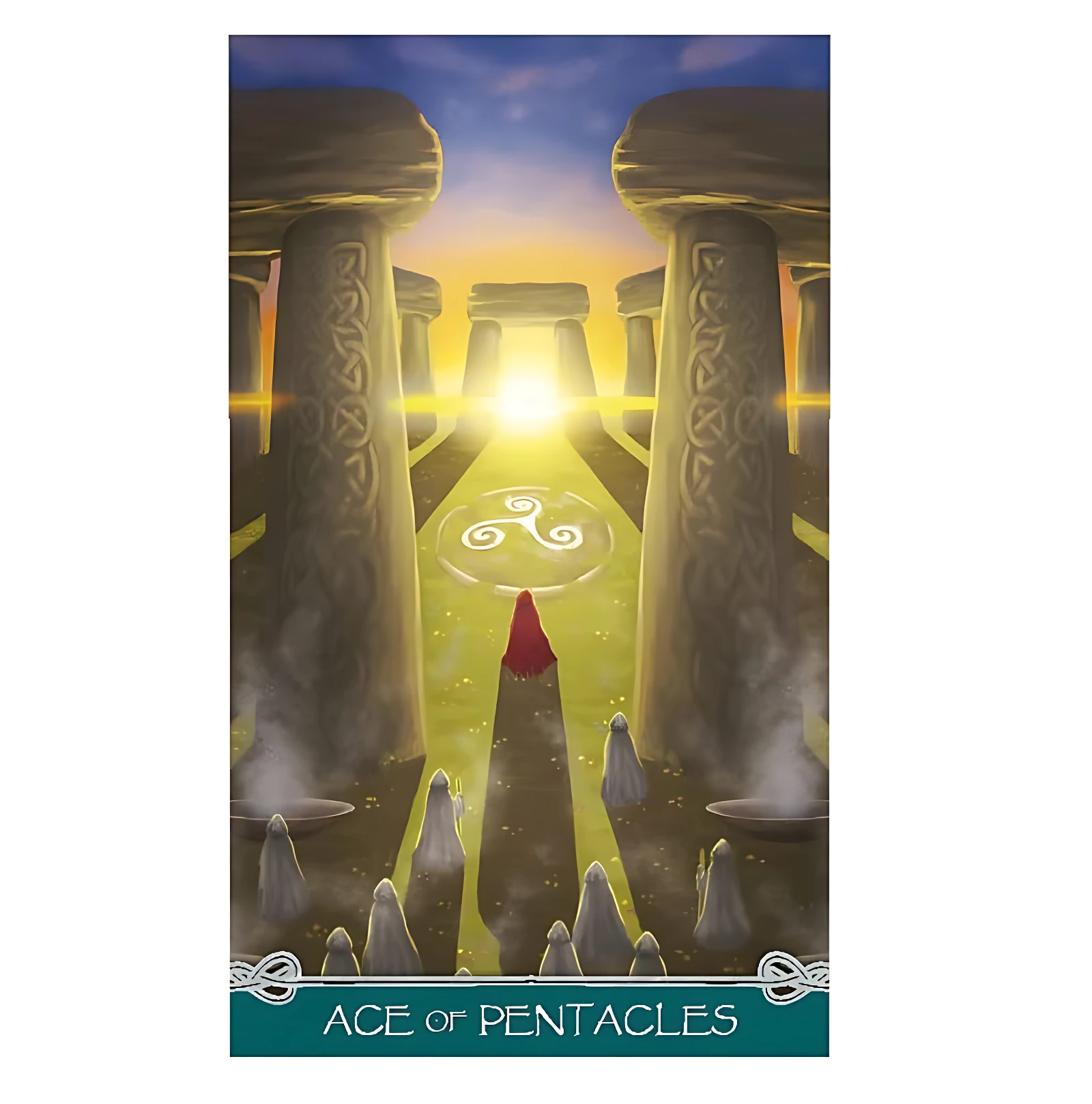 Ace de Pentáculos del Tarot Universal Celtic, surrealista con columnas celtas, luz dorada y símbolo triskel en el centro.