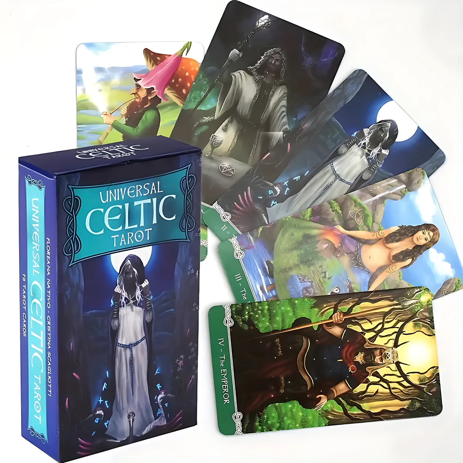 Caja de Tarot Universal Celtic con cartas ilustradas en estilo surrealista, sin bordes, mostrando figuras místicas y paisajes oníricos. Incluye 78 cartas para lecturas de tarot pagano y wicca.