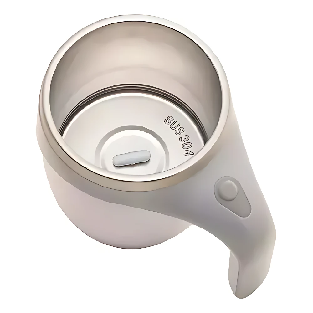 Taza mezcladora automática giratoria con mango ergonómico, interior de acero inoxidable SUS304 y botón lateral para activar la función de mezcla.