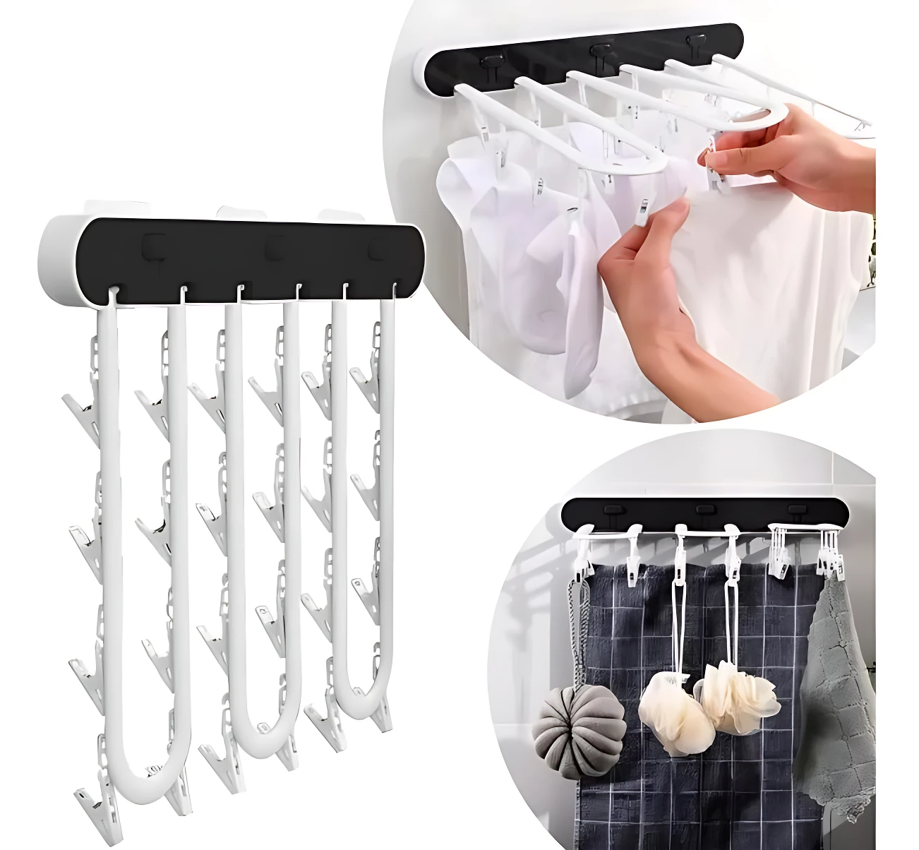 Tendedero plegable de plástico blanco con ganchos y clips, montado en pared; incluye detalles de uso con ropa interior y toallas.