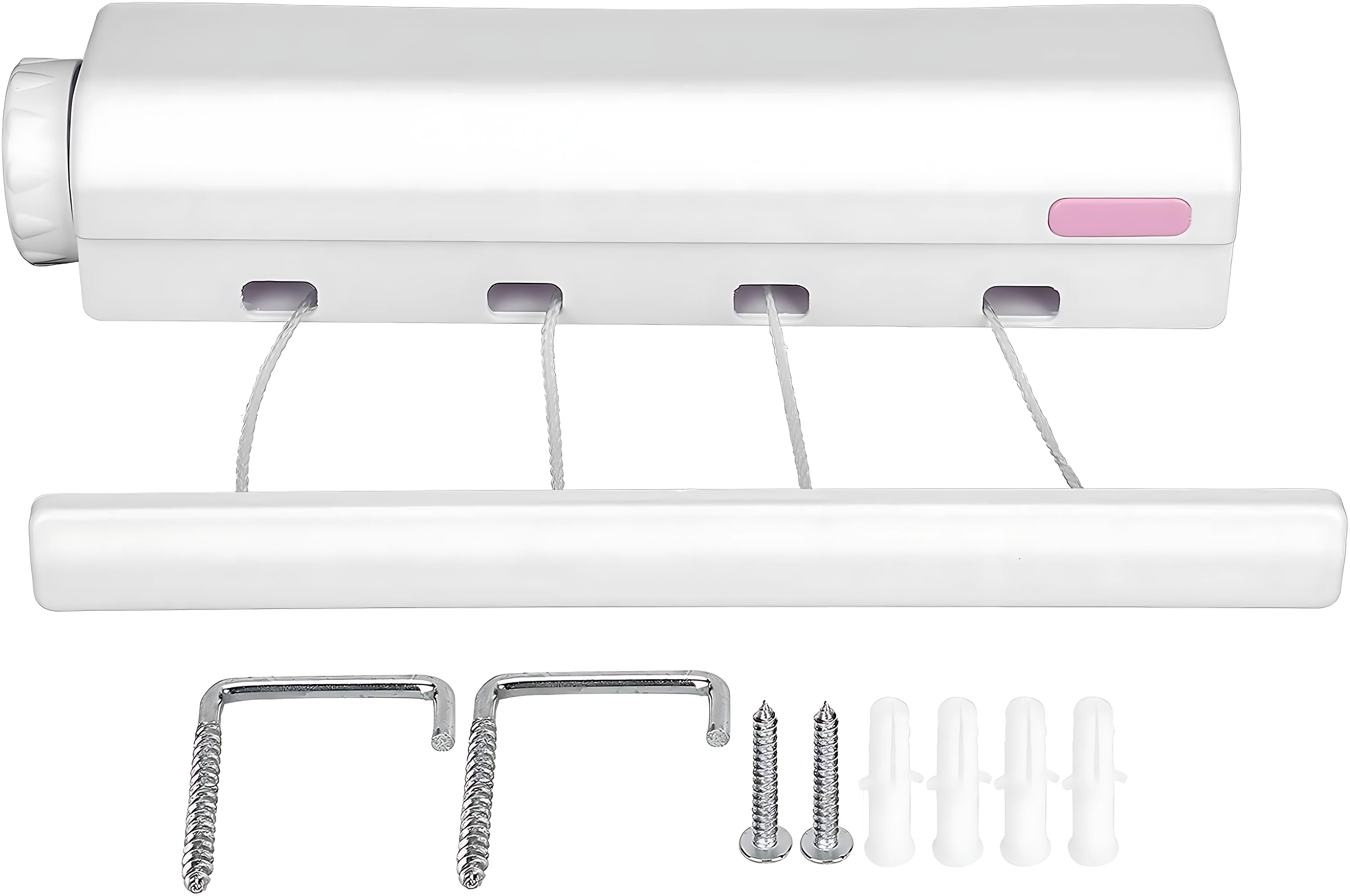 Tendedero retráctil blanco con mecanismo de enrollado y detalle rosa. Incluye barra inferior, cuatro cuerdas y accesorios: tacos metálicos, tornillos y tacos plásticos.