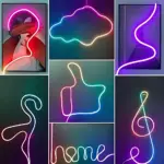 Collage de seis diseños de luces LED en forma de neón: silueta de persona con venda, nube, pasillo, pulgar arriba, nota musical y la palabra home, todos con colores vibrantes sobre fondos oscuros.