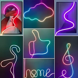 Collage de seis diseños de luces LED en forma de neón: silueta de persona con venda, nube, pasillo, pulgar arriba, nota musical y la palabra home, todos con colores vibrantes sobre fondos oscuros.