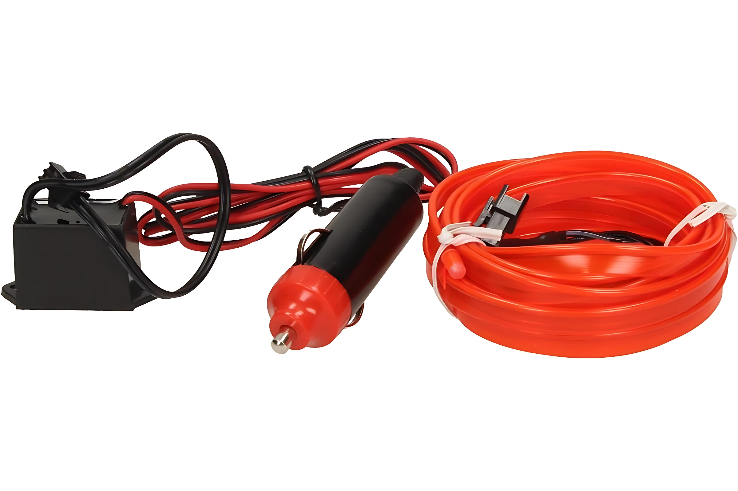 Kit de tira LED interior para coche con cable rojo enrollado, conector de encendido y controlador negro.