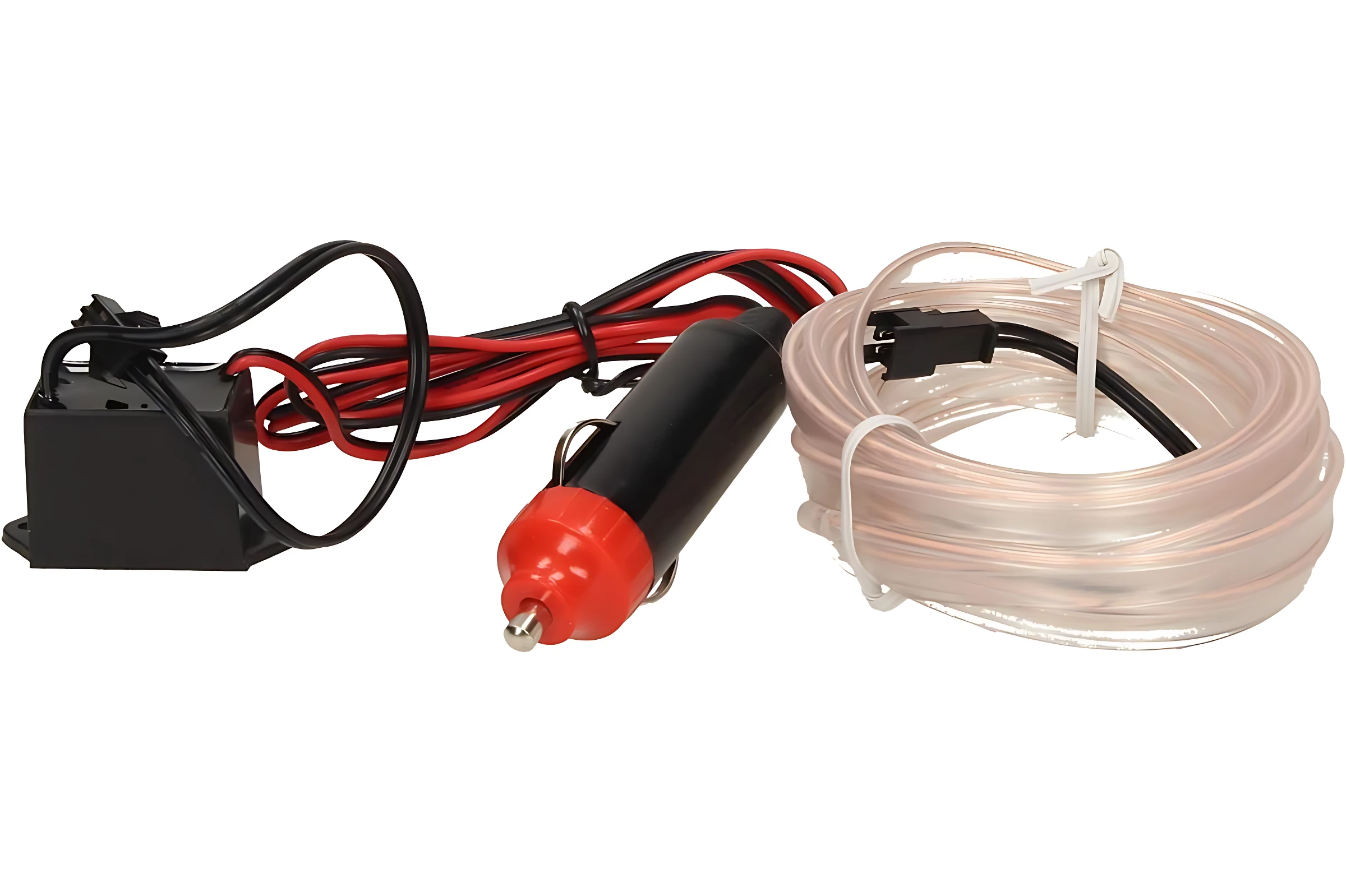 Kit de tira LED flexible de 3 metros con cableado rojo y negro, adaptador de encendido para coche y cable de alimentación transparente enrollado.