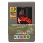 Pack de tira LED interior para coche con cable rojo y negro, caja gris con ventana transparente que muestra el producto enrollado y detalles de instalación en salpicadero.