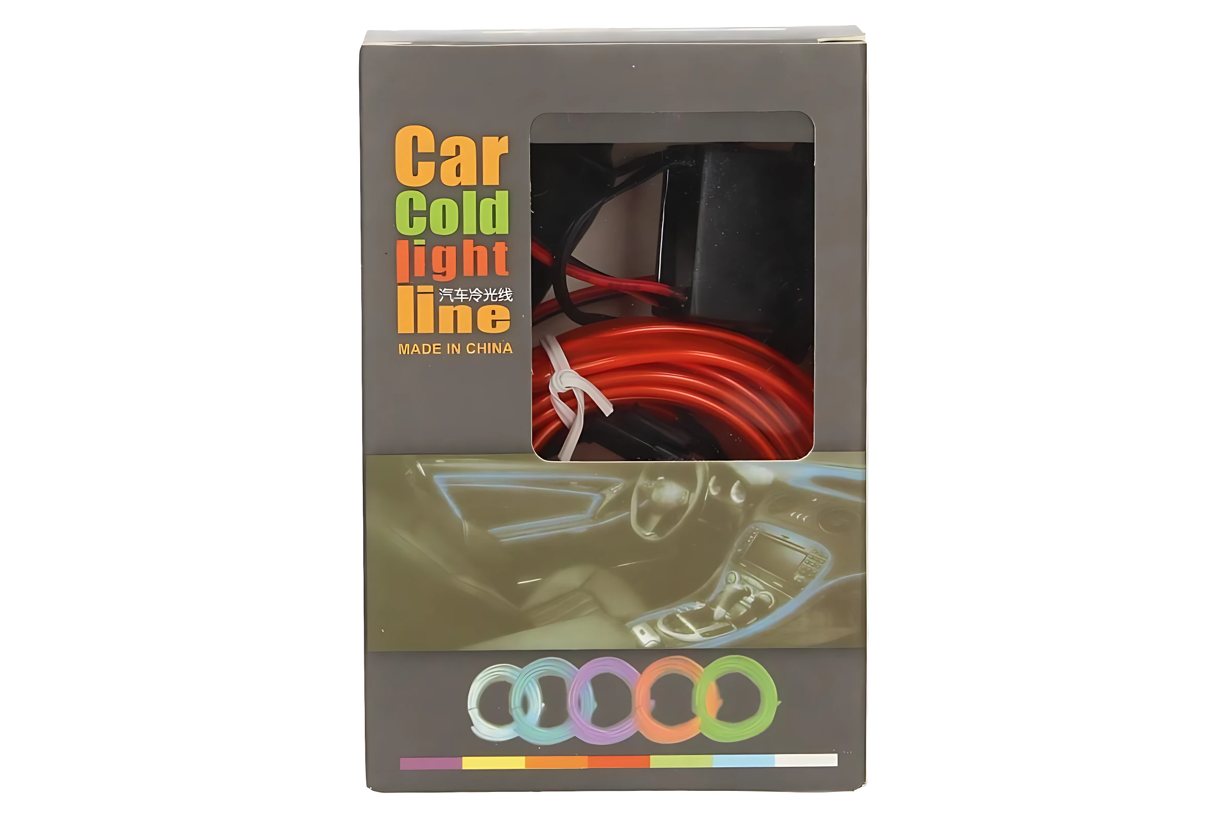 Pack de tira LED interior para coche con cable rojo y negro, caja gris con ventana transparente que muestra el producto enrollado y detalles de instalación en salpicadero.