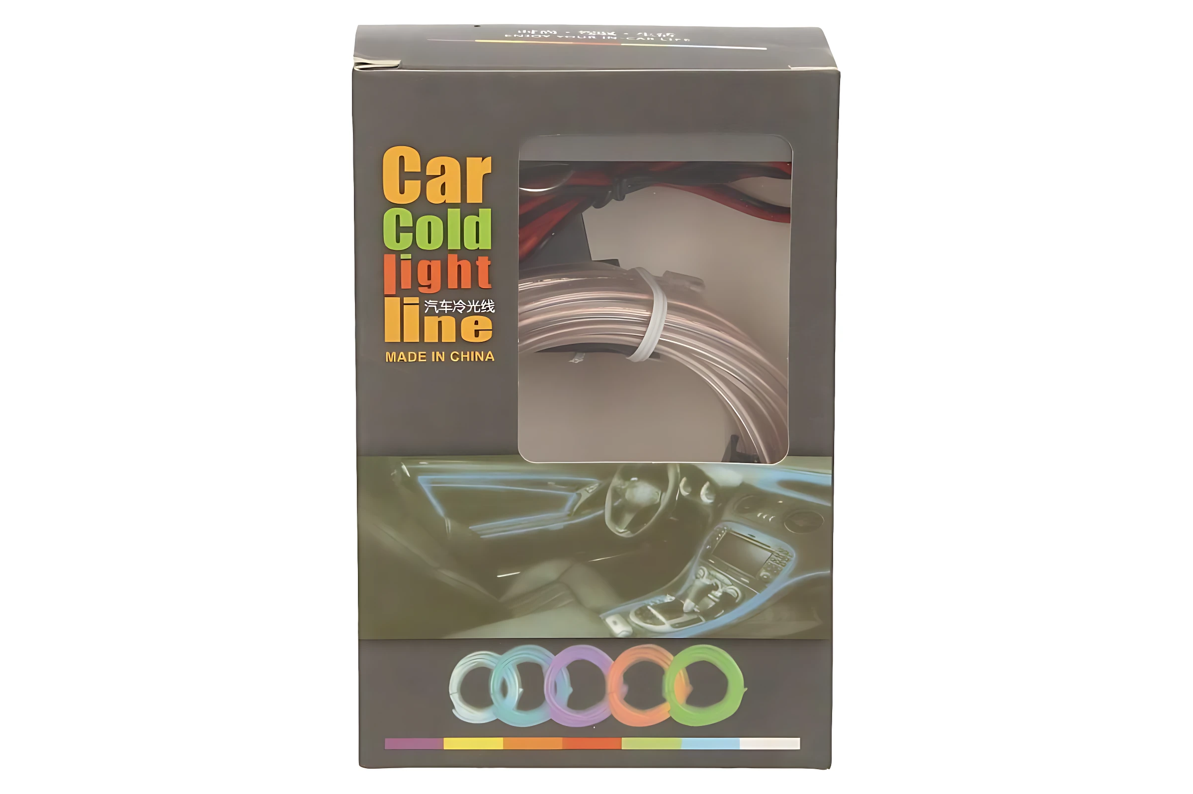 Pack de tira LED flexible para interior de coche, con cableado visible y muestra de instalación en tablero. Incluye múltiples colores de luz.