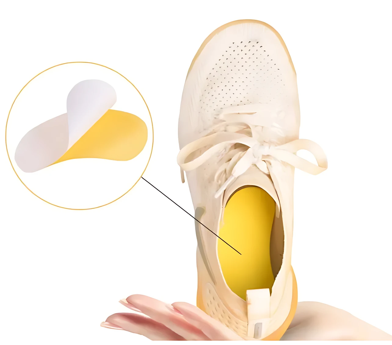 Tiras desodorantes para calzado, color amarillo, insertadas en zapatilla beige con cordones; ampliación muestra forma ergonómica y capa absorbente.