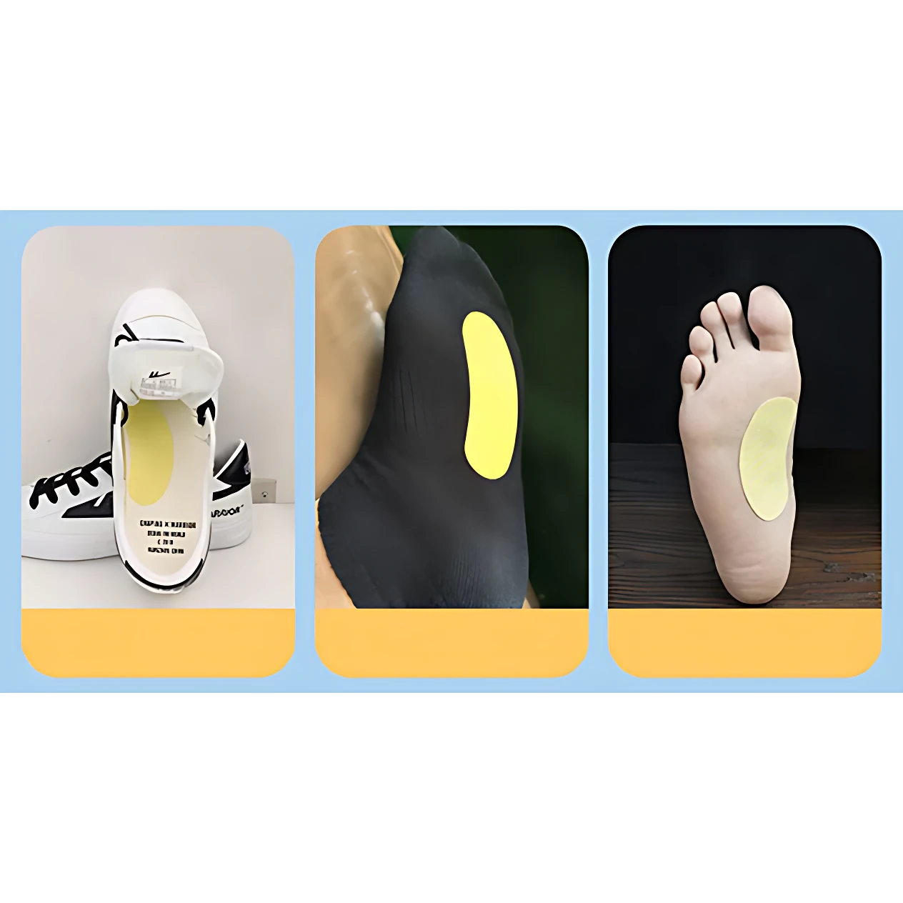 Tiras desodorantes para calzado en color amarillo, aplicadas en interior de zapatilla blanca, sobre piel y en planta del pie.