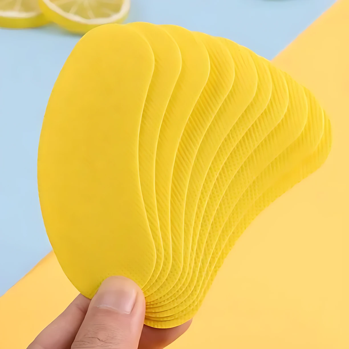 Mano sosteniendo tiras desodorantes amarillas para calzado, con textura ondulada y acabado mate, sobre fondo azul y amarillo con rodajas de limón al fondo.