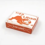 Caja de tiza para billar pool de color naranja con de perro y texto Tiza Laika en tapa y costado.