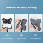 Instrucciones de instalación del trapero ajustable 360 con expresacabezas giratorio, mostrando tres pasos con manos sujetando la base negra y el paño gris en diferentes ángulos.