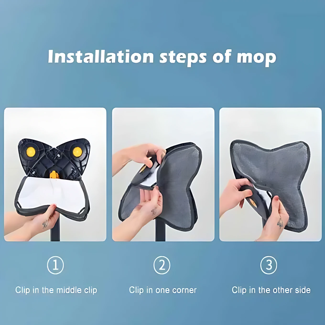 Instrucciones de instalación del trapero ajustable 360 con expresacabezas giratorio, mostrando tres pasos con manos sujetando la base negra y el paño gris en diferentes ángulos.
