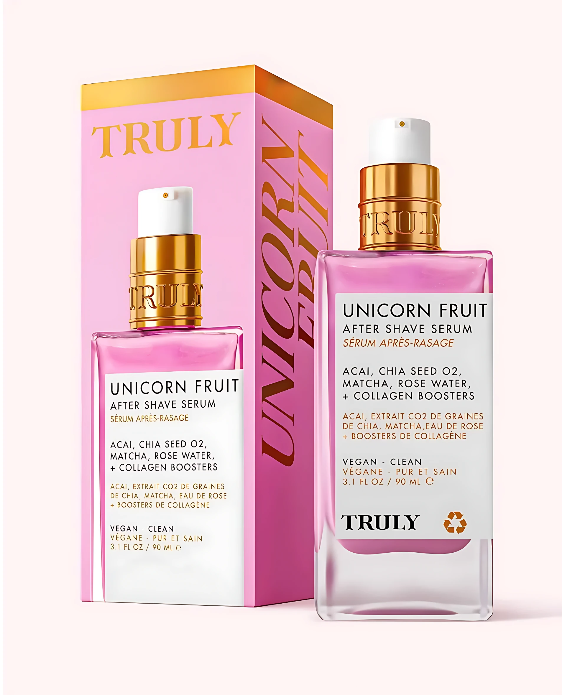 Sérum post-afeitado Truly Unicorn Fruit en envase rosa y dorado, 90 ml.